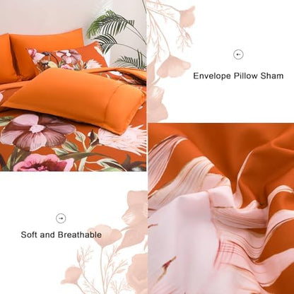 Luxudecor Terracotta Floral Comforter Set Queen Size 7 Piece, Flower Bed in a Bag, Elegant Floral Comforter with Sheet Set, Soft Microfiber Bedding Set for All Season (Terracotta, 90"x90")