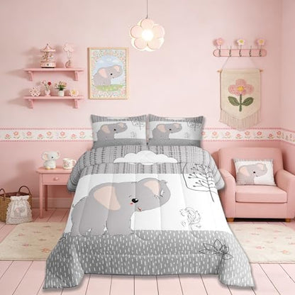 Castle Fairy Cartoon Elephant Bedding Comforters Queen Size,Kawaii Cute Wild Animal Comforter Set with 2 Pillowcases,Grey White Tree Cloud Flower Children Adult Polyester Duvet Set 3pcs