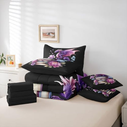 Feelyou Dragon Comforter Set Twin Size 7 Pieces Book Lover Bedding Set for Kids Boys Girls Dark Fantasy Bed in a Bag with Comforter, Sheets, Pillowcases, Cushion Covers Lightweight