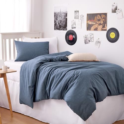 Wake In Cloud - Cotton Duvet Cover Set, 100% Washed Cotton, Linen Like Textured, Breathable Durable Comfy Farmhouse Neutral Bedding Set, 3 Pieces, Denim Blue, Twin/Twin XL Size