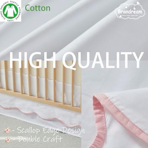 Brandream Scallop Edge Cotton Crib Skirt Toddler Bedskirt Baby Nursery Crib Bed Skirt Double Layer Boho Bohemian Neutral Solid Color Cream Off White with Pink Edge Farmhouse Chic Skirt