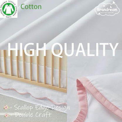 Brandream Scallop Edge Cotton Crib Skirt Toddler Bedskirt Baby Nursery Crib Bed Skirt Double Layer Boho Bohemian Neutral Solid Color Cream Off White with Pink Edge Farmhouse Chic Skirt
