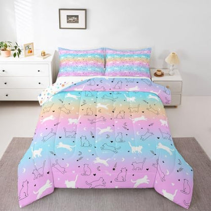 Kids Cute Cat Comforter Set - Full Gradient Line Bedding for Boys & Girls - Lovely Cartoon Pet Cats, Kawaii Kitten Print Duvet Insert, Animal Themed Design Quilt