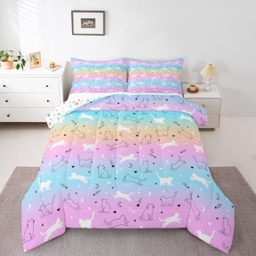 Kids Cat Comforter Set Twin Gradient Line Cute Cat Bedding for Boys Girls Teens Lovely Cartoon Pet Cats Bedding Comforter Sets Kawaii Kitten Print Duvet Insert Cat Lover's Animal Themed Design Quilt