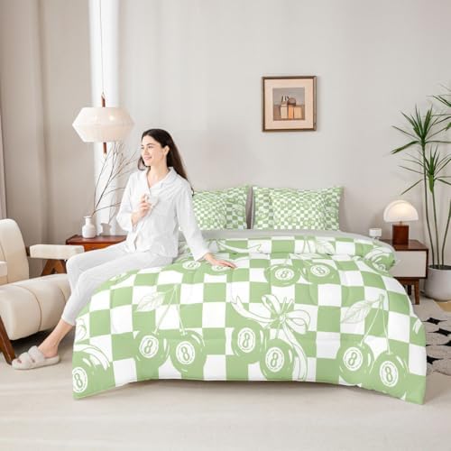 Erosebridal Fashion Y2K Bow 7 Piece Bedding Set King Size for Kids Boys Girls,Trendy Lucky 8 Ball Bowknot Comforter Set Cute Green Cherry Ball Bed in A Bag with Sheets Preppy Aesthetic Plaid Bed Set