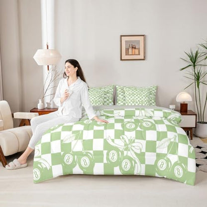 Erosebridal Fashion Y2K Bow 7 Piece Bedding Set King Size for Kids Boys Girls,Trendy Lucky 8 Ball Bowknot Comforter Set Cute Green Cherry Ball Bed in A Bag with Sheets Preppy Aesthetic Plaid Bed Set