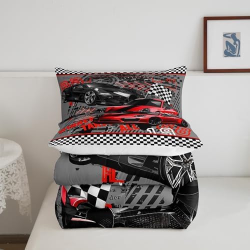 Castle Fairy Red Sports Car Children Comforter Set,Race Cars Bedding Set for Kids Boys,Adults Soft Extreme Sports Game Comforter,Teens Racing Theme Quilted Duvet Set Bedroom Collection King Size 3Pcs