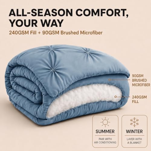 HIMEET King Size Comforter Set Grayish Blue - 7 Pieces Pintuck Bed in a Bag