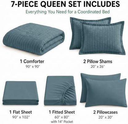 HIMEET Queen Comforter Set, 7-Piece Seersucker Bed in a Bag, Mineral Blue