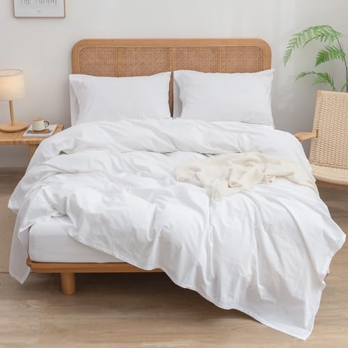 BESTOUCH King Washed Cotton Linen Feel Sheet Set, 4 Pcs Solid Bright White
