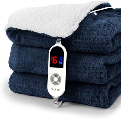 Heated Blanket Electric Throw Waffle, 50x60 Inches Sherpa Fleece Fast Heating Blanket 6 Heating Levels & 4 Hours Auto Off ETL Certification, Navy Throw