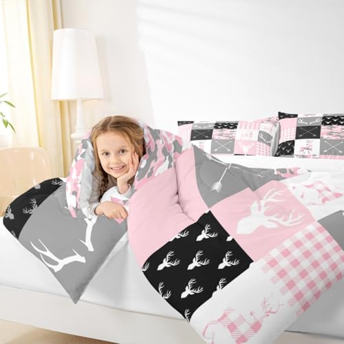 Deer Antlers Comforter Set Queen Size,Camo Western Rustic Farmhouse Bedding 3pcs for Kids Teens Boys Girls,Boho Arrows Geometric Plaids Down Comforter,Pink Duvet Insert,2 Pillowcases