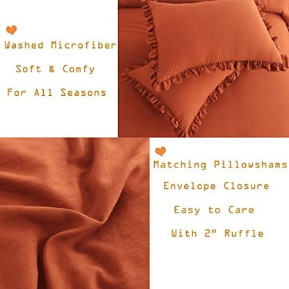 Masaca Ruffle Comforters Queen Size Set,Burnt Orange Shabby Boho Chic Comforter Farmhouse Terracotta Bedding Sets 3PCS（1 Ruffled Comforter and 2 Pillowcases）