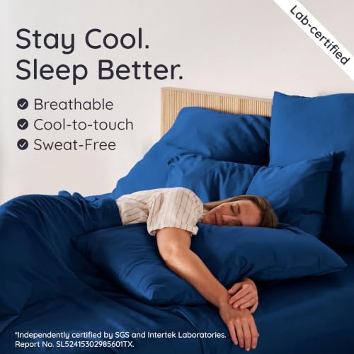 Bambaw King Sheet Set 6pcs – 100% Viscose Derived from Bamboo Sheets, Buttery Soft Bed Sheets, Cooling Sheets for Hot Sleepers, King Bed Sheets with Corner Straps, Fits Up to 16'' (Navy Blue)