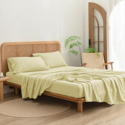 BESTOUCH Sheet Set 100% Washed Cotton Linen Feel Super Soft Comfortable Chic Lightweight 4 Pcs Home Bedding Set Solid Light Yellow Twin