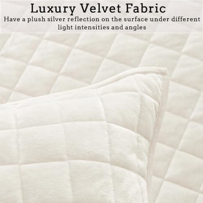 Quilt Set Queen Size 90x98 Luxurious Velvet Bedding Sets with 2 Pillow Shams 20x26 3 Pieces Ultra Soft Quilted Bedspread Coverlet Comforter for All Season,Cream