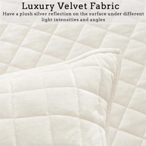 Quilt Set Oversized King Size 120x128 Luxurious Velvet Bedding Sets with 2 Pillow Shams 20x36 3 Pieces Ultra Soft Quilted Bedspread Coverlet Comforter for All Season,Cream White