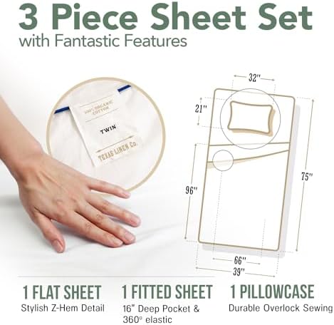 TEXAS LINEN CO. 100% Organic Cotton Sheets Twin Size - 3 PC Organic Cotton Twin Size Percale Weave Sheet Set, Soft, Cooling, Crisp & Breathable, 16" Deep Pocket Hotel Quality Bedding Set - (Teal)