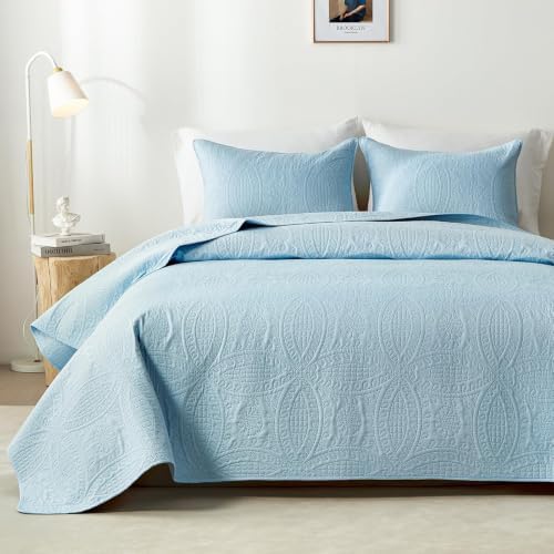 akkialla 118"x106" Sky Blue California King Quilt Set, Oversized Floor-Length Bedspread, Modern Coin Pattern Microfiber Coverlet, 3-Piece All Season Bedding with 2 Pillow Shams