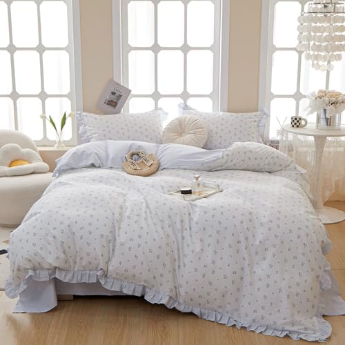 VM VOUGEMARKET Blue Ruffle Duvet Cover Twin 100% Cotton Teen Girls Floral Duvet Cover with Zipper Closure Reversible Romantic Princess Comfroter Cover with 2 Pillow Shams