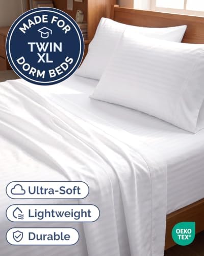 Twin XL 4 Piece Sheet Set - College Dorm Room Essentials - Striped White