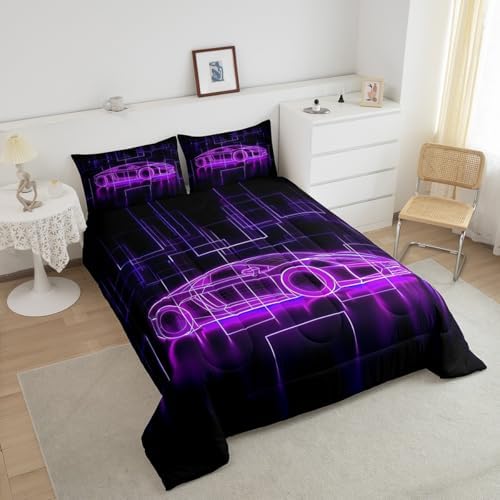 Feelyou Kids Boys Race Car Comforter Set,Extreme Sports Car Bedding Set King Size,Boys Bedroom Room Decor,Racing Car Comforter,Geometric Purple Black Speed Luxury Car Bed Set for All Season