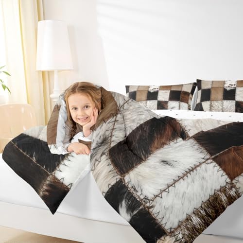 3D Cow Fur Print Comforter Set Cowhide Patchwork Plaid Bedding Set Western Farmhouse Animals Quilted Duvet 3pcs for Teens Girls Boys Men Room Decor Vintage Cowboy Style Bedspread Full Size