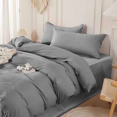 SAPHREAS 100% Washed Cotton Duvet Cover Queen Size Set, Linen Like Comforter Cover with Zipper Closure & Corner Ties (No Comforter), 90x90 Grey