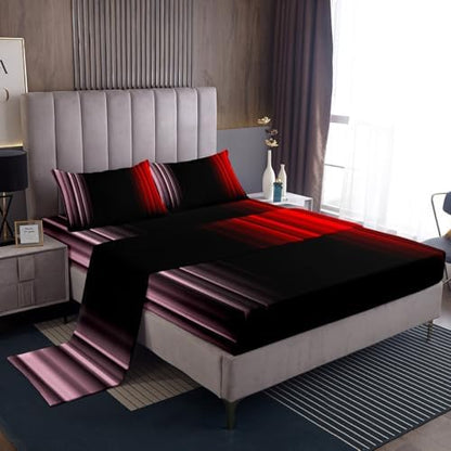 Feelyou Teens Abstract Ombre Decorations Bedding Set for Kids Women Pink Red and Black Bed Sheets Set Geometric Modern Fitted Sheet Sets Room 3Pcs Twin Size