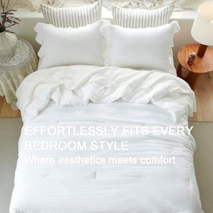 Pure White Ruffle 3 Pieces Comforter Queen Shabby Chic Bedding Set