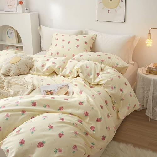 LifeTB Cute Strawberry Duvet Cover Full Size Soft Cotton Kawaii Strawberry Bedding Sets Kids Girls Bedroom Decor Cotton Comforter Cover 3 Pieces Cute Fruit Bedding Set Cream White with 2 Pillowcases