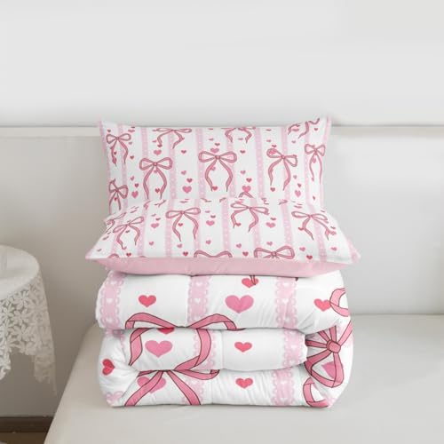 Castle Fairy Cute Pink Bows Comforter Set Queen Size,Dreamy Princess Style Down Alternative Adults Room Decor,Romantic Pink Ribbon Ultra Soft Microfiber Inner Fill 3Pcs Bedding