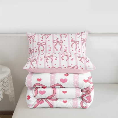 Castle Fairy Cute Pink Bows Comforter Set Queen Size,Dreamy Princess Style Down Alternative Adults Room Decor,Romantic Pink Ribbon Ultra Soft Microfiber Inner Fill 3Pcs Bedding