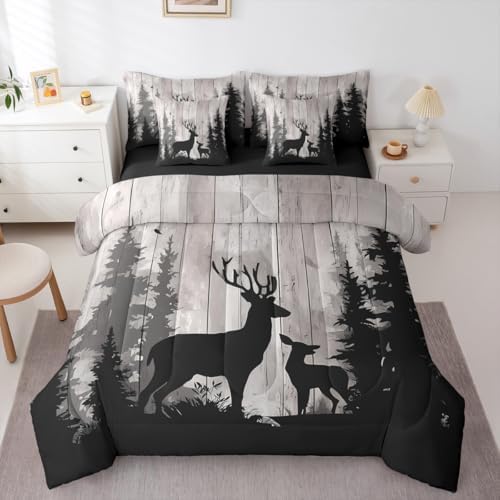 Erosebridal Deer Family Bedding Set Twin Retro Wooden Farmhouse Comforter Set 7 Piece Hunting Rustic Animal Bed in A Bag for Kids Girls Western Forest Wildlife Hunting Quilt with Flat Fitted Sheet