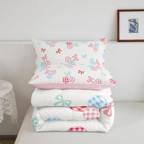 Girl Cherry Comforter Set King Size,Cute Bowknot Bedding Sets for Kids Boys Teens Adult Room Decor,Pink Blue Check Fruit Down Comforter White Princess Style Reversible Quilt Set,2 Pillowcases