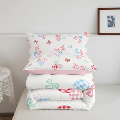 Girl Cherry Comforter Set King Size,Cute Bowknot Bedding Sets for Kids Boys Teens Adult Room Decor,Pink Blue Check Fruit Down Comforter White Princess Style Reversible Quilt Set,2 Pillowcases