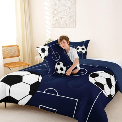 Castle Fairy Football Bed Comforter Set Queen Size,Kids Soccer Sports Theme Super Soft Microfiber Bedding Set for Boys Teens,Dark Blue Ball Gaming Comforter Set Bedroom Decor,2 Pillowcases
