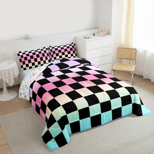 Multicolored Checkered Retro Comforter Set Twin Size Geometric Vintage Bedding Set for Kids Boys Girls Gradient Pink Green Duvet Quilt Modern Groovy Aesthetic Bedroom Decor 2 Pcs with 1 Pillow Cases