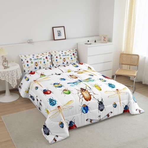 Kids Dragonfly Down Comforter, Ladybug Insect Comforter Set Twin Size for Children Boys Girls Teens, Reptile Pattern Bedding Comforters Colorful Lightweight Duvet Insert Dragonfly Gifts for Women