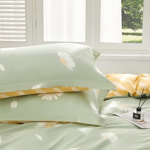 SAPHREAS Green Duvet Cover Set Queen Size 3pcs White Daisy Floral Printed Bedding Comforter Cover Set 100% Cotton 1 Duvet Cover 90"x90" 2 Pillow Shams, Comforter Not Included
