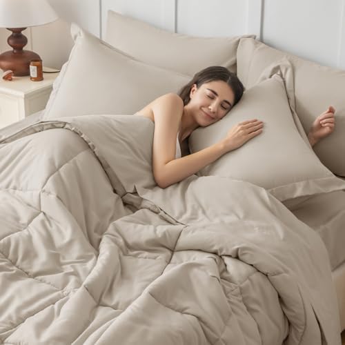 JOLLYVOGUE Queen Comforter Set, Ultra-Soft Bed in a Bag Queen Size 7 Pieces, Oeko-TEX Certified Bedding Set with Down Alternative Comforter, Sheets, Pillowcases & Shams, Oatmeal