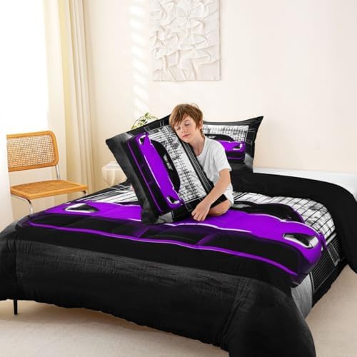 Feelyou Boys Purple Race Car Comforter Set King Size Purple Luxury Car Bedding Set for Kids Boys Girls Extreme Sports Duvet Quilt Fast and Furious Bedroom Decor 3 Pcs with 2 Pillow Cases