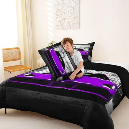 Feelyou Boys Purple Race Car Comforter Set Toddler Size Purple Luxury Car Bedding Set for Kids Boys Girls Extreme Sports Duvet Quilt Fast and Furious Bedroom Decor 2 Pcs with 1 Pillow Cases
