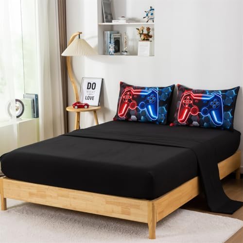 NTBED 3D Gaming Comforter Set for Boys Kids Teens,5pcs Gamer Bedding Sets with Sheet,Game Console Bed in a Bag (Red Blue, Full)