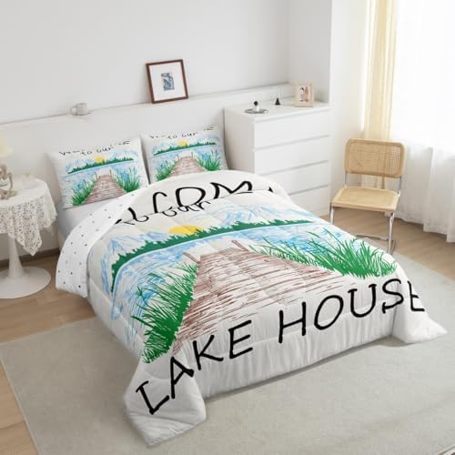 Lake House Comforter Set Full Size Rustic Farmhouse Bedding Set for Kids Adults Women Teens Cabin Home Room Decor Watercolor Lake Mountain Scenery Quilted Duvet Retro Plaid Print Duvet Insert 3pcs