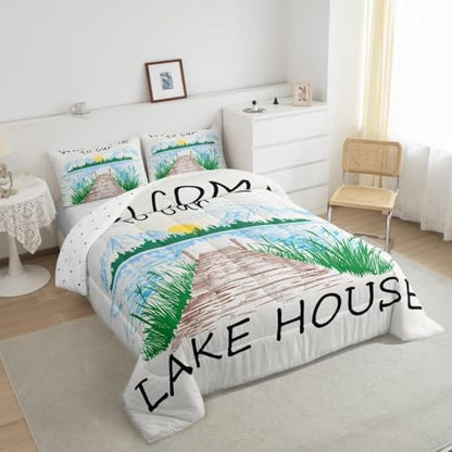 Lake House Comforter Set Full Size Rustic Farmhouse Bedding Set for Kids Adults Women Teens Cabin Home Room Decor Watercolor Lake Mountain Scenery Quilted Duvet Retro Plaid Print Duvet Insert 3pcs