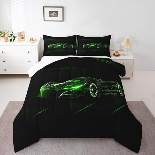 Feelyou Green Race Car Bedding Set Toddle Size for Kids Boys Extreme Sport Games Duvet Cover Teens Toddler Fast and Furious Comforter Cover Set Cool Modern Bedspread Cover 2Pcs