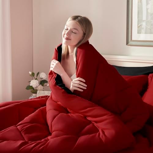 ELNIDO QUEEN® Queen Comforter Set 7 Pieces, Red and Black Bed in a Bag Queen Size, Bed Set All Seasons Bedding Sets with Reversible Comforter, Flat Sheet, Fitted Sheet, Pillowcases and Pillow Shams