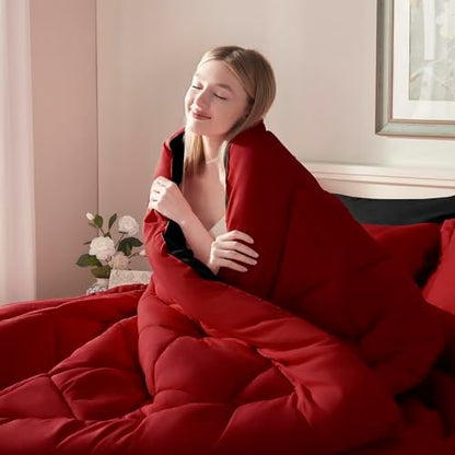 ELNIDO QUEEN® Queen Comforter Set 7 Pieces, Red and Black Bed in a Bag Queen Size, Bed Set All Seasons Bedding Sets with Reversible Comforter, Flat Sheet, Fitted Sheet, Pillowcases and Pillow Shams