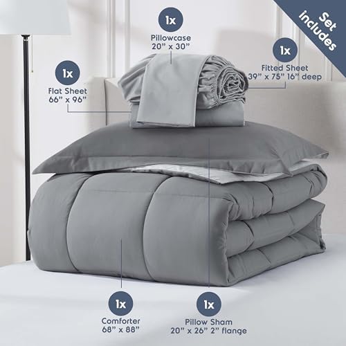 Nestl 7 Piece Twin Comforter Set – Grey Reversible Bed in a Bag – Complete Twin Size Bedding Set with Sheets, Set of 2 Cooling Pillows, Pillowcase and Sham